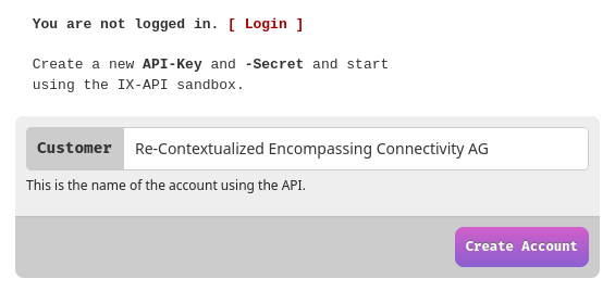 The IX-API Sandbox create customer form.