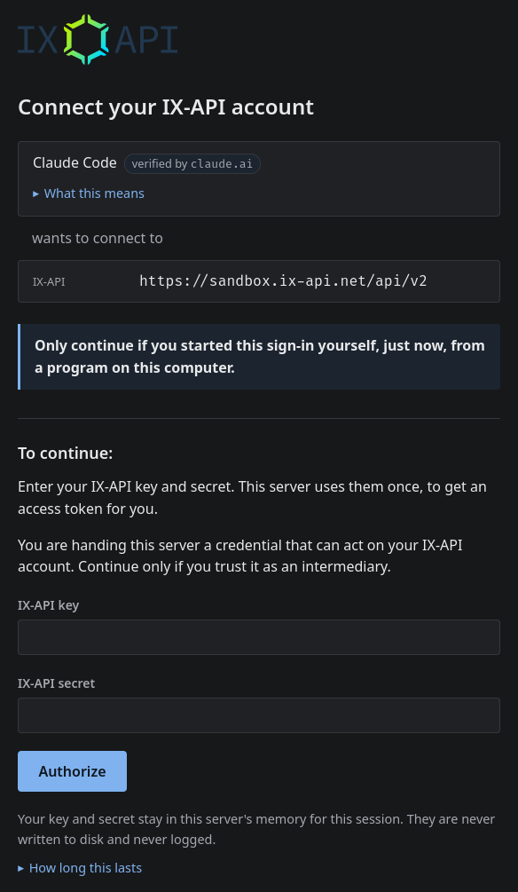 The sign-in page of the sandbox MCP server: Claude Code, verified by claude.ai, wants to connect to IX-API at https://sandbox.ix-api.net/api/v2, with empty fields for the IX-API key and secret and an Authorize button
