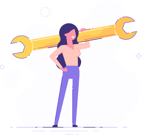 A cartoon woman holding a huge wrench looking forward to work!