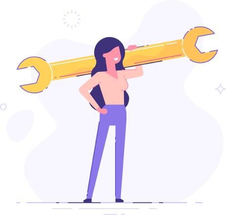 A cartoon woman holding a huge wrench looking forward to work!